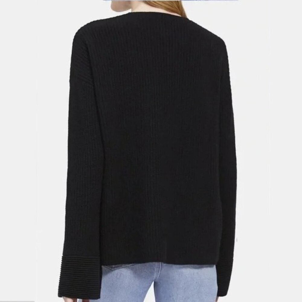 Theory V-Neck Ribbed Cuff Pullover Soft Cashmere Sweater Black Large #A1118 - Picture 5 of 10